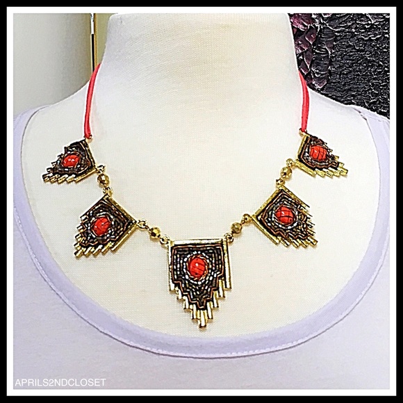 EGYPTIAN STONE JEWELED BOHO STATEMENT NECKLACE A3C - Picture 7 of 8